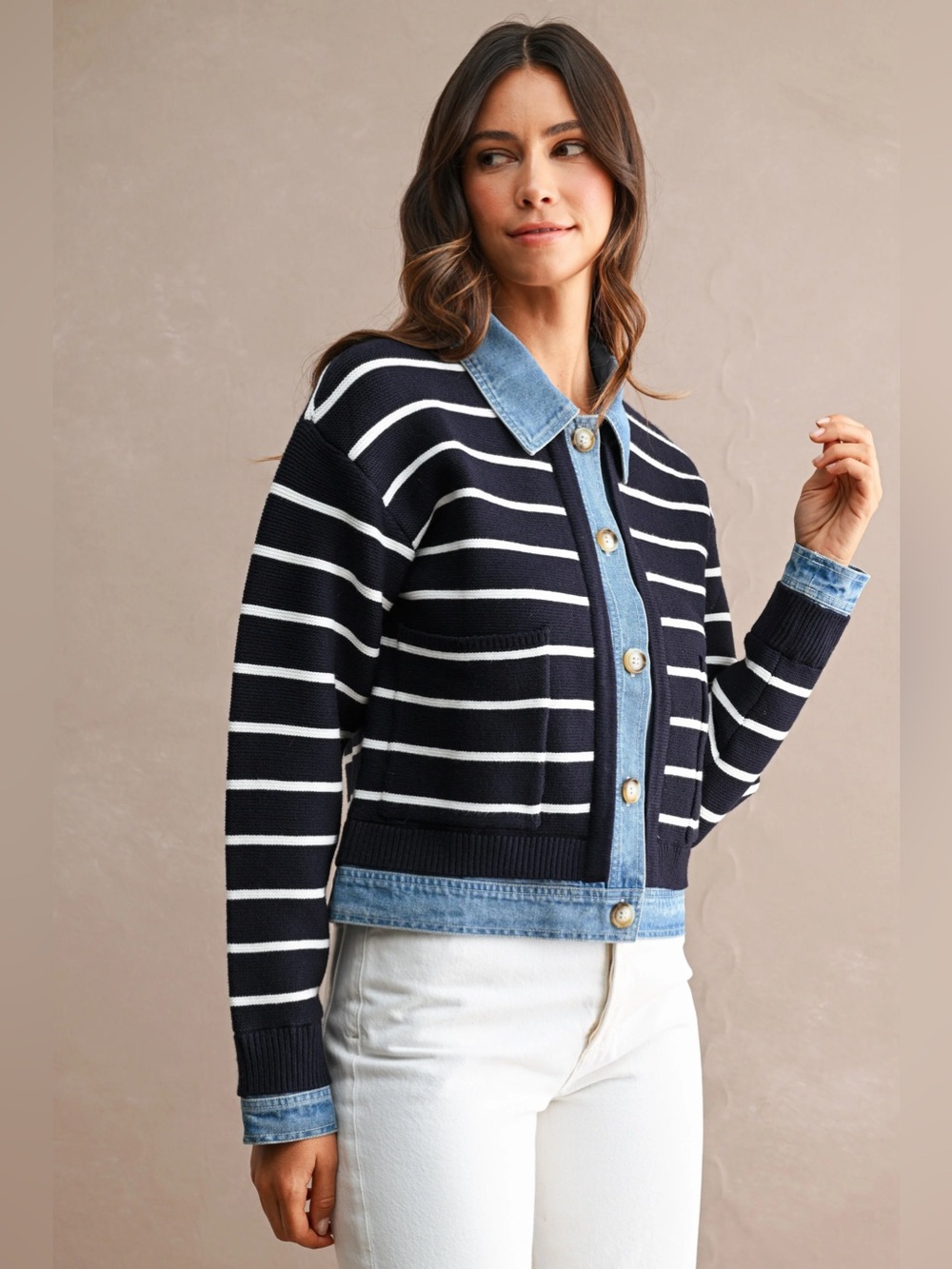 NWT Navy Striped Knit Cardigan with Denim Trim | Button Down Cardigan - Picture 4 of 8